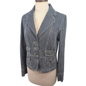 LOFT Y2K cotton denim, conductor stripe 3 button denim blazer jean jacket. Sz 8.